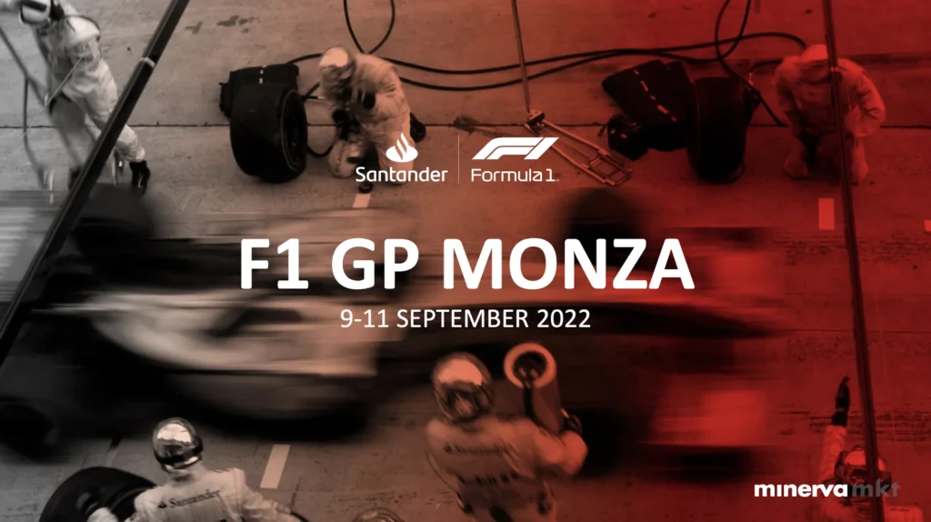 Portada de la presentación del Gran Premio de Monza 2022 para Santander en la Fórmula 1, diseño de MUYNEGRE para Minerva MKT
